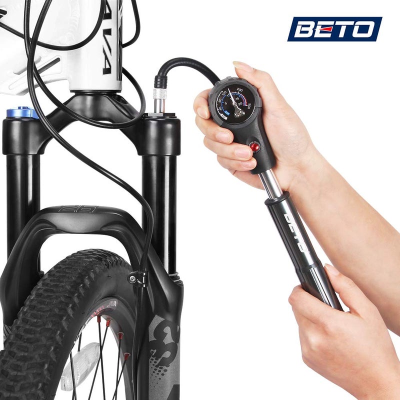 Beto Bike Tire/Shock Pump MTB, 300psi High Pressure for Rear Shock & Suspension Fork, Mountain Bike/Motorcycle, Schrader & Presta Valve Adapter, with Dial-Gauge/Bleed Valve/Mounting Bracket - Image 2